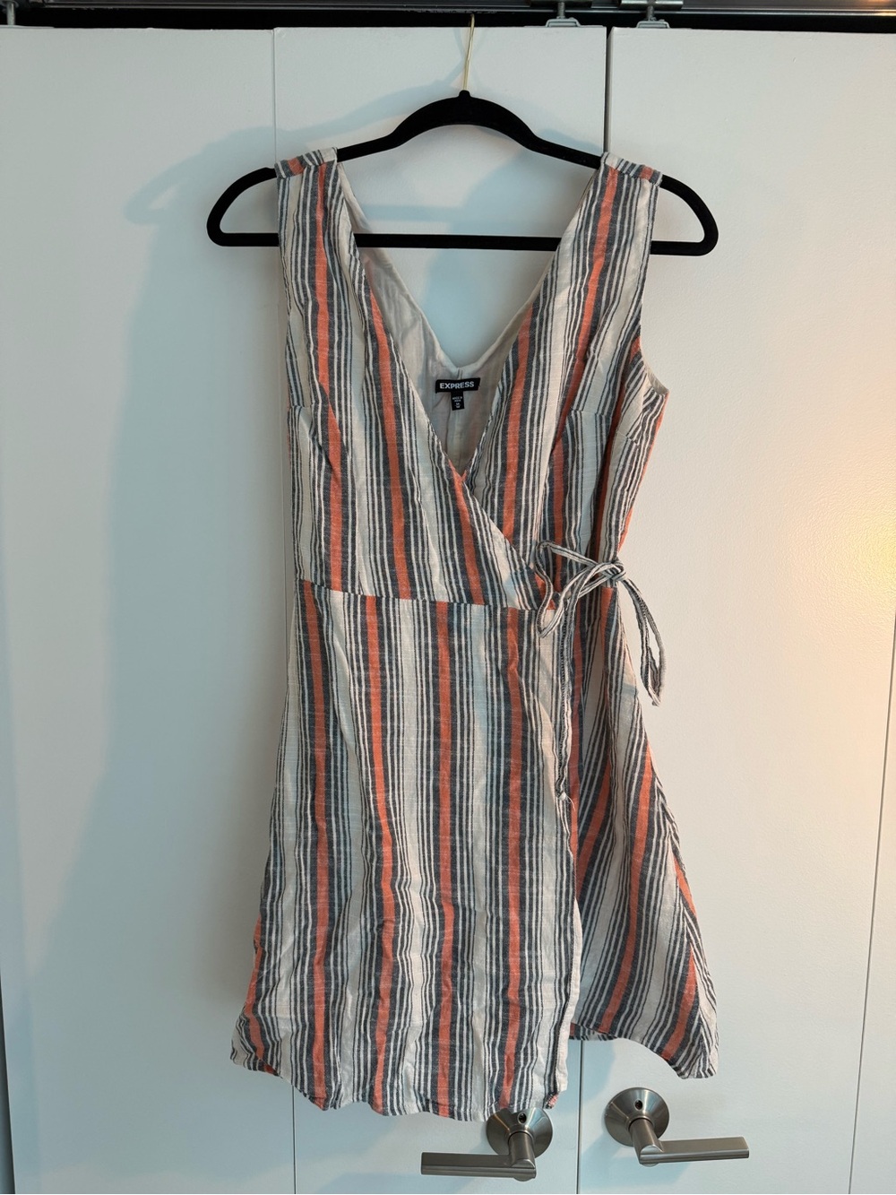 Express Striped Wrap Mini Dress in Coral and light blue